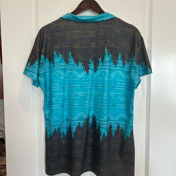 Aztec Patterned Turquoise Button Down Shirt - Picture 2 of 3